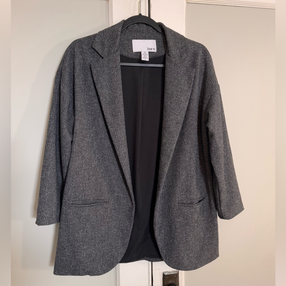 bar III Women’s Blazer Relaxed Fit Open Front Cropped Sleeve Gray Black Size S